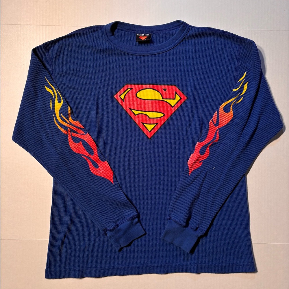 Vtg Warner Bros Superman Logo Thermal Flames Long Sleeve Y2K 90’s T-shirt Large